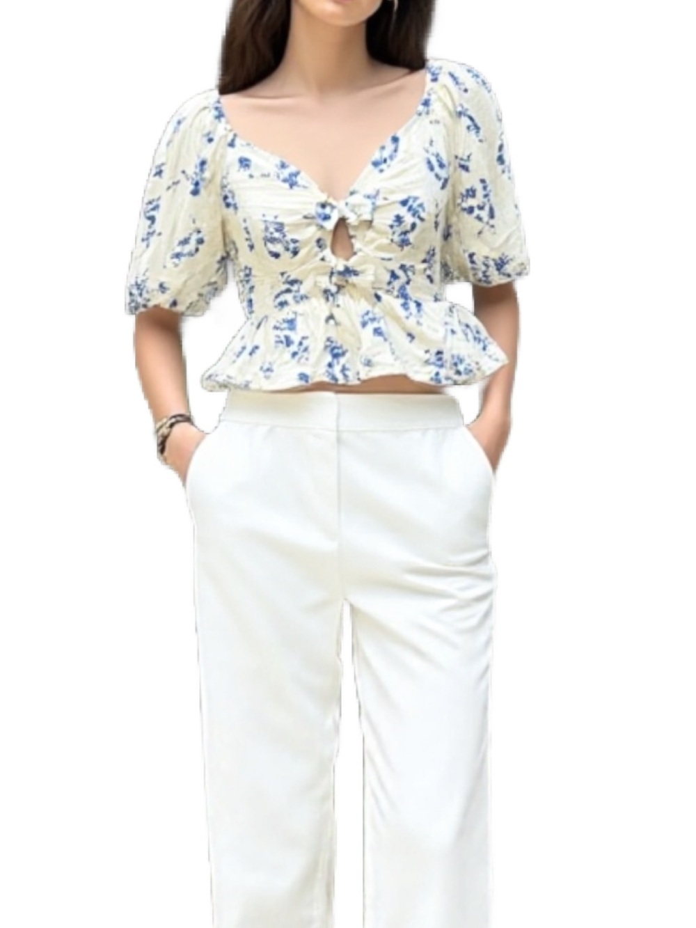 Band of the Free Cotton Floral Tie Front Peplum Blouse in Blue Size Medium